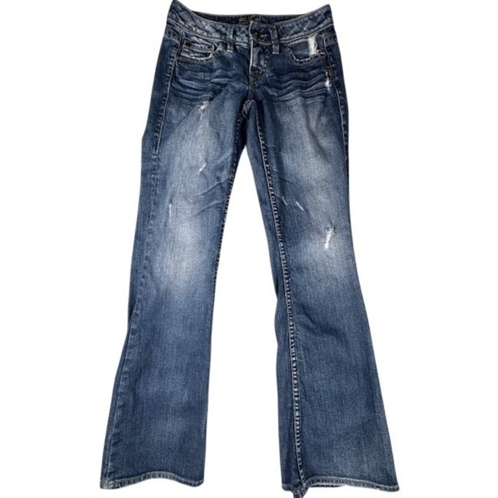 Silver Jeans Lola Women's W26 L33 Blue Bootcut Distressed Low Rise Denim